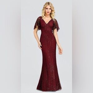 NWT Burgundy Deep V Neck Shiny Fishtail Evening Dress with Flutter Sleeves